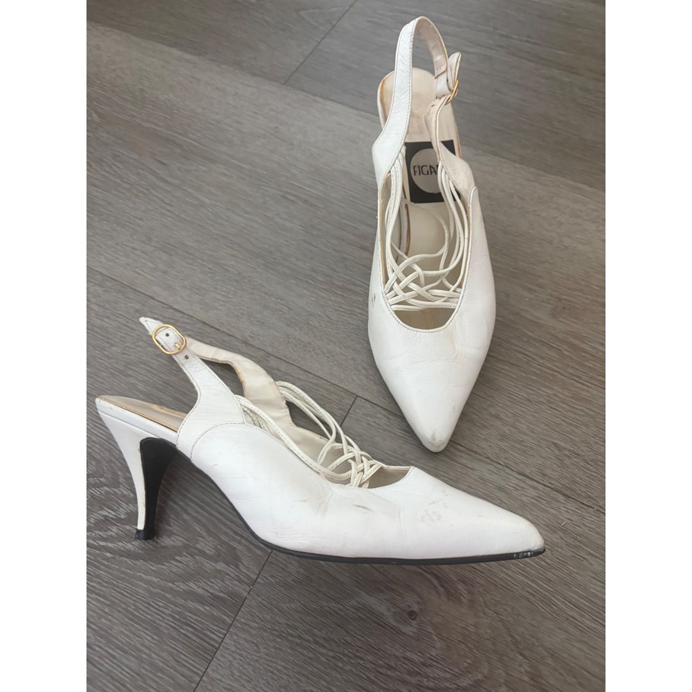 Figaro Vintage White Leather Slingback‎ Kitten Heels Made in Spain Women 7B